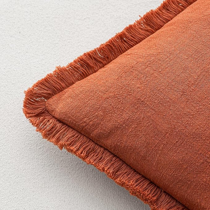 MIULEE Linen Fringe Decorative Fall Throw Pillow Covers Burnt Orange 18x18 | - Image 6
