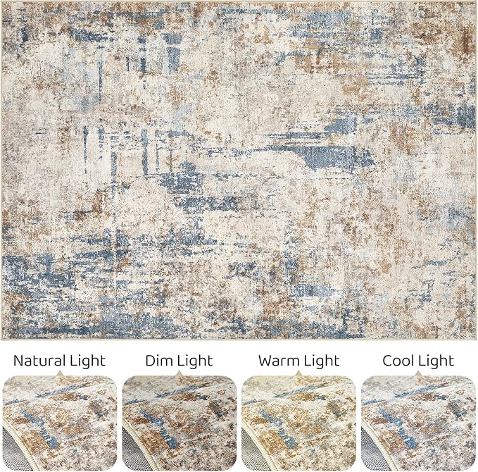LOONGRUG 5x8 Area Rug Washable Neutral Modern Living Room Rugs Blue Tan | - Image 9