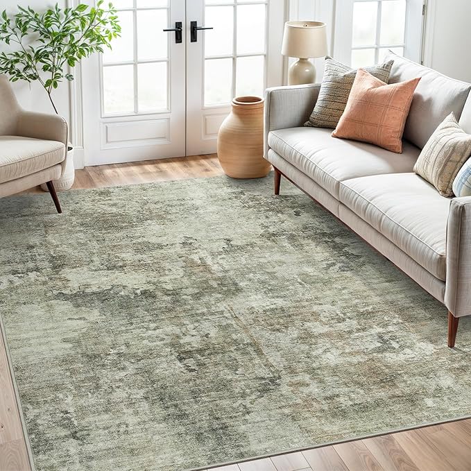 Soalmost Abstract Rug 5x7 Machine Washable Area Indoor Green Black Low Pile by Soalmost