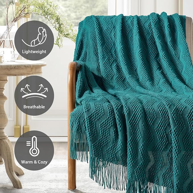 BOURINA Teal Throw Blanket 50x60 Inches Throw Textured Solid Soft Ripple Throws - Image 3
