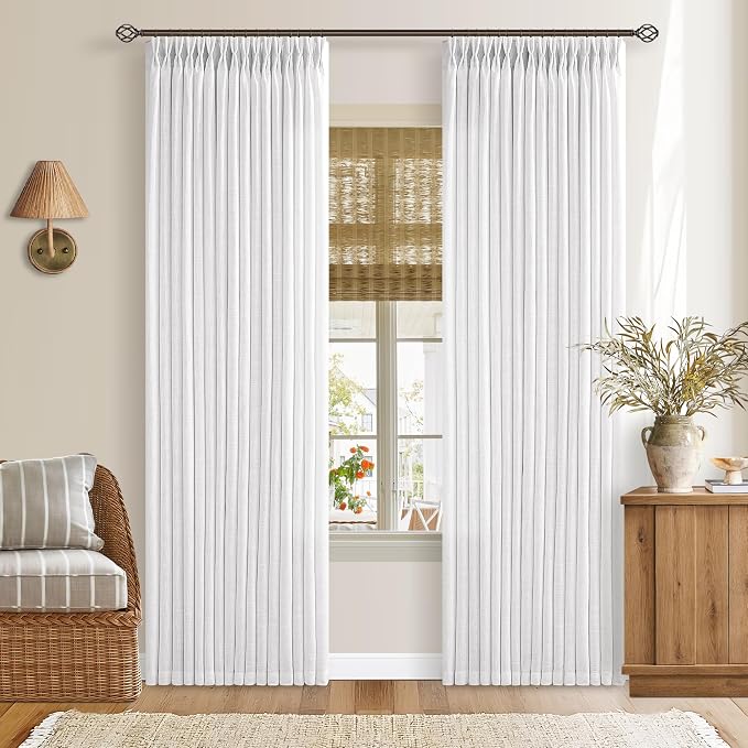 Snow White Pleated Linen Semi Sheer Light Filtering Neutral Curtains 50x96 | by Twodrapes