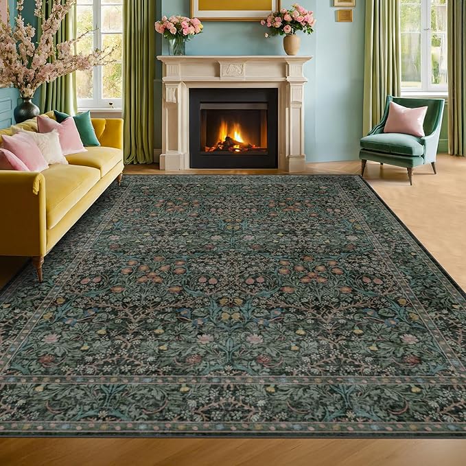 Vintage Washable Dark Green 10x14 Rug by HazoHaus