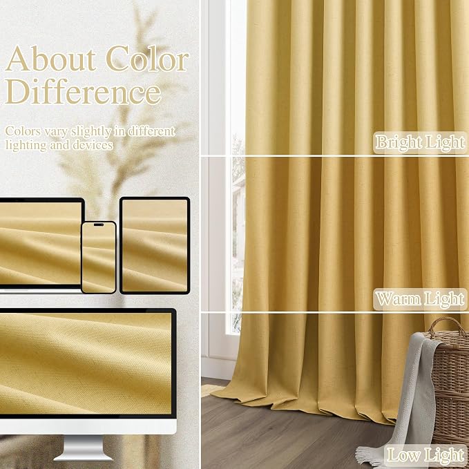 Gold 100% Blackout Linen Curtains 84 Inch Length 2 Panels Set - Image 7