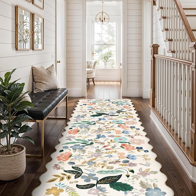 Washable 2x8 Hallway Runner Rug: Vintage Water-Resistant Floral Scalloped - Image 4