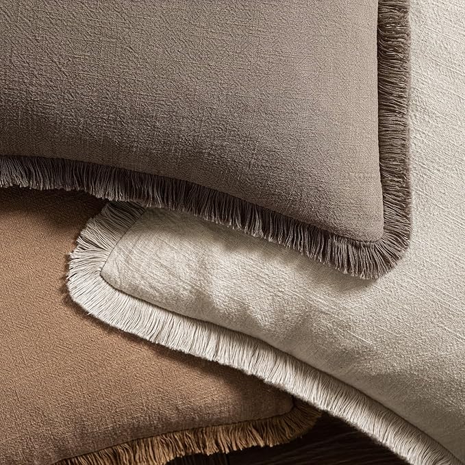 MIULEE Boho Linen Fringe Decorative Fall Throw Pillow Covers Coffee 20x20 | Set - Image 4