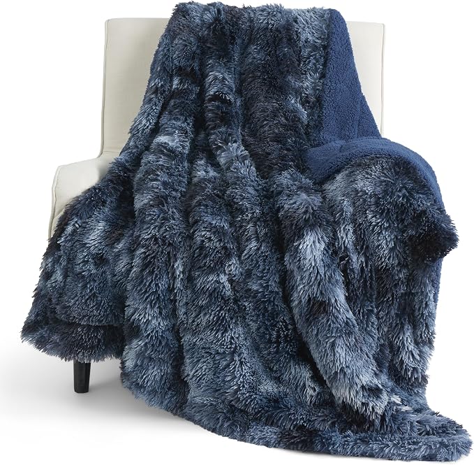 Bedsure GentleSoft Fuzzy Sherpa Faux Fur Twin Blanket Tie Dye Navy Cozy Gifts by BEDSURE