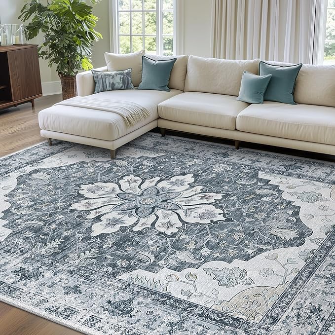 Area Rugs 8'x10' Washable Non-Slip, Floral Vintage Distress Print Pattern by RELEANY