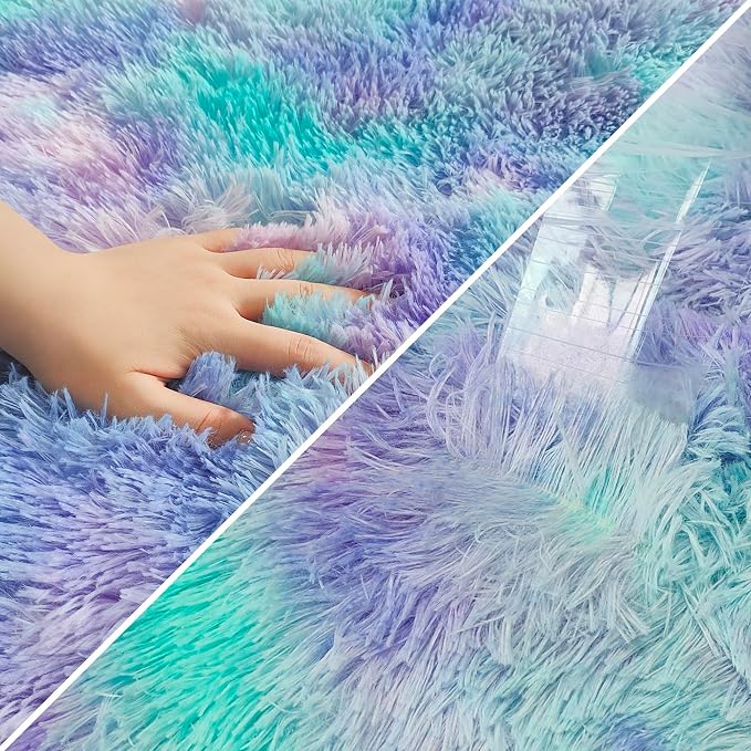 Super Soft Fluffy Living Room Area Rug 3x10 ft Purple Rainbow Tie-Dyed Shaggy - Image 6