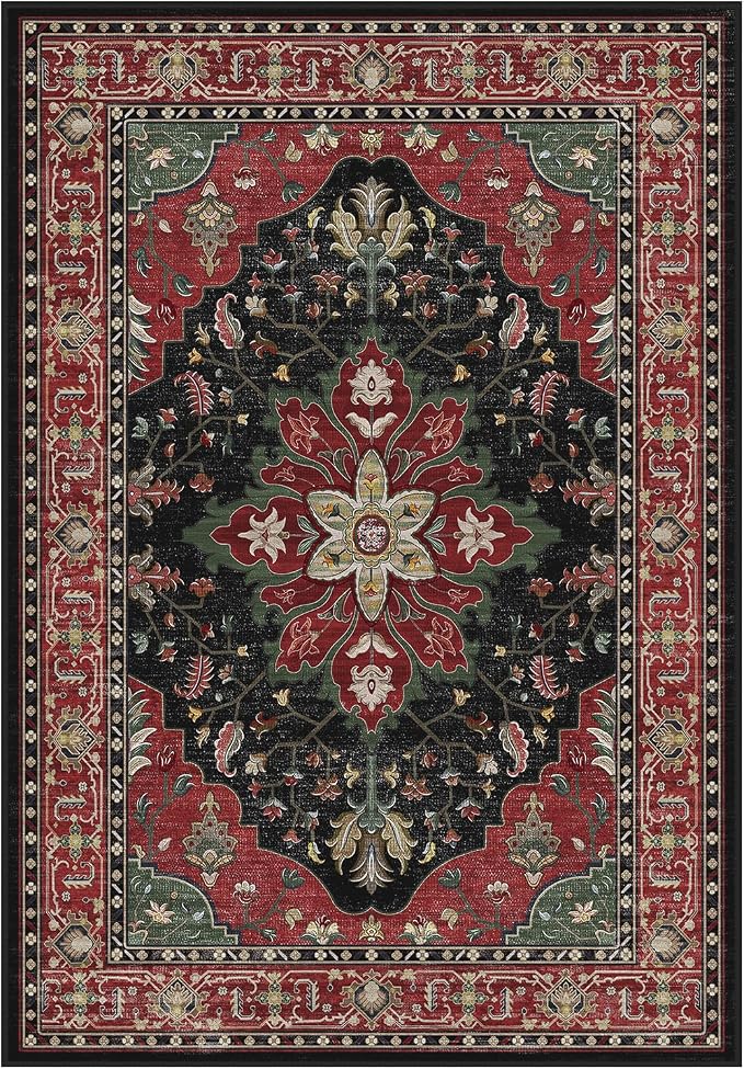Area Rugs Round 8ft Washable Non-Slip, Floral Vintage Distress Print Pattern by RELEANY