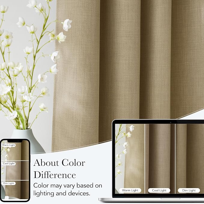 NICETOWN Oatmeal Faux Linen Room Darkening Rod Pocket Curtains 63 inch Length - Image 3