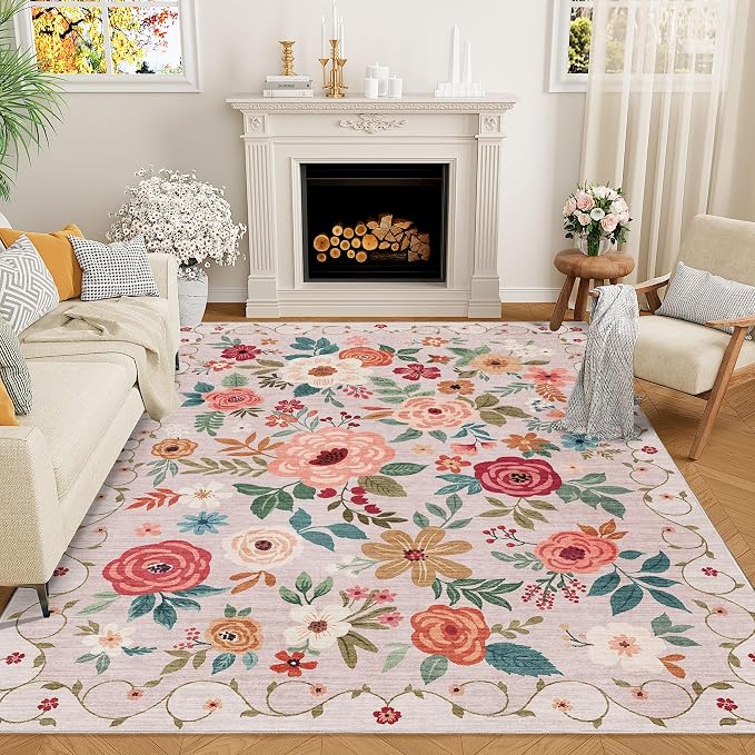 DUKINO 9x12 Area Rug for Living Room, Floral Washable Rug Non Slip, Low Pile by DUKINO