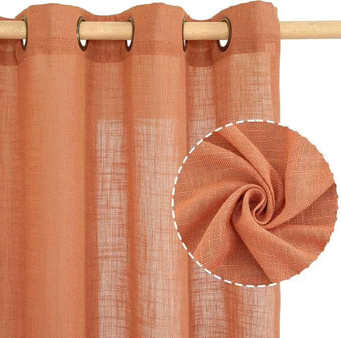 LAMIT Burnt Orange Sheer Linen Curtains 54 Inch Length, Light Filtering Panels - Image 2