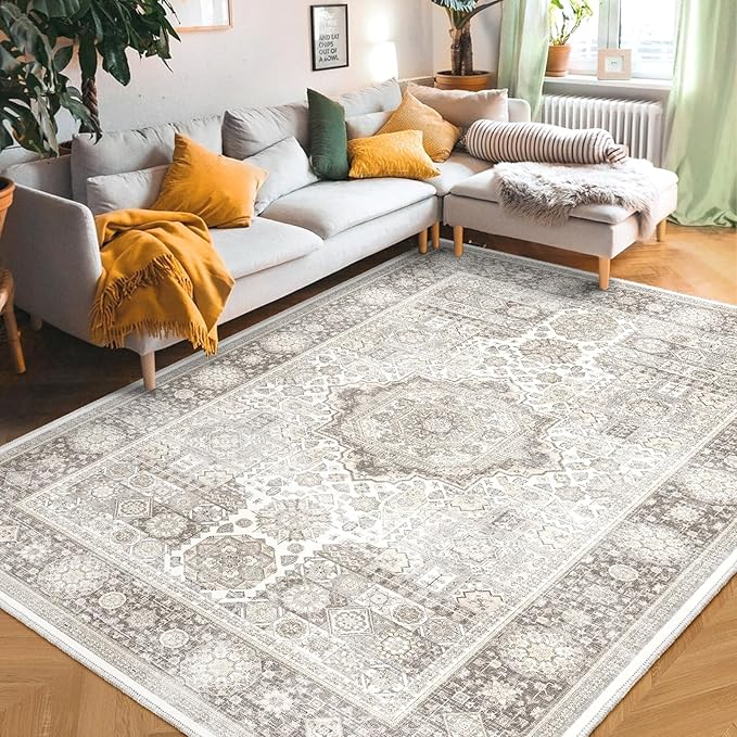 8x10 Rug - Cream & Grey Area Rug - Foldable Non Slip Vintage Rugs - Image 4