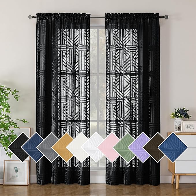Simplebrand Black Semi Sheer Curtains 84 Inches Long 2 Panels, Light Filtering by Simplebrand