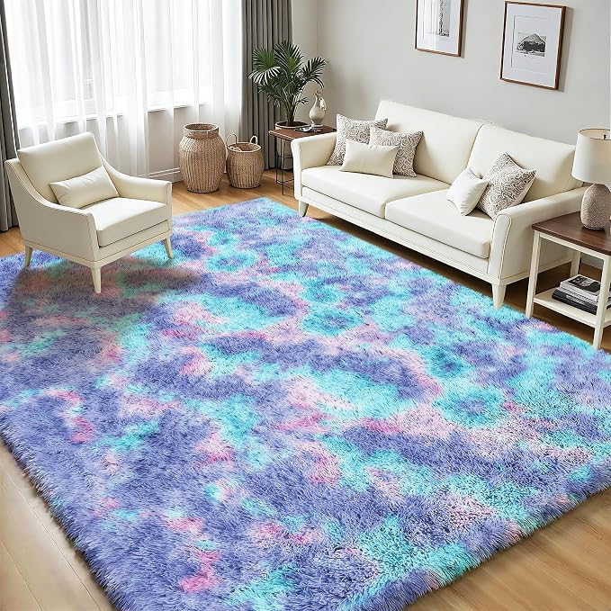 PLHXFR 6x9 Area Rugs Living Room: Fluffy Bedroom Soft Shag Rug Kid Rainbow | - Image 3