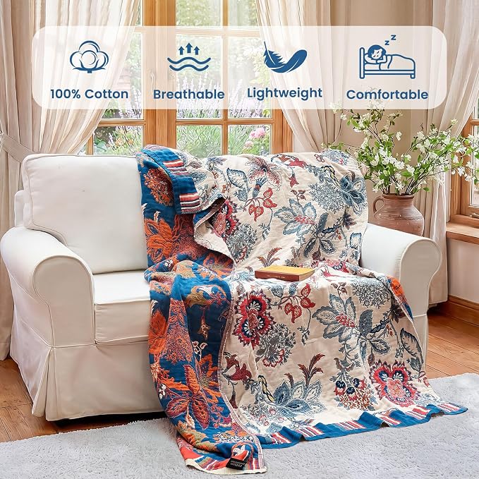 MSGKV Boho Throw Blanket 90"x108" 100% Cotton Floral Blanket - Image 2
