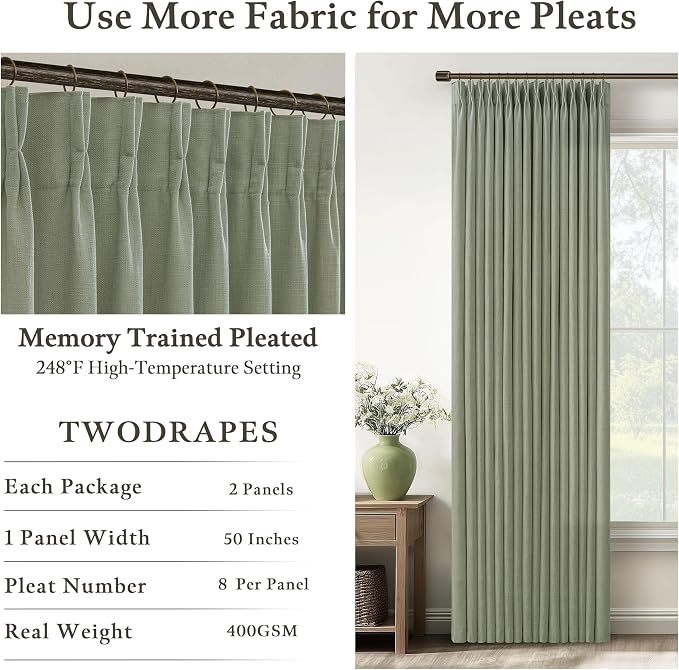 120 Inch Pinch Pleated Light Filtering Linen Curtains Sage Green 2 Panels | - Image 4