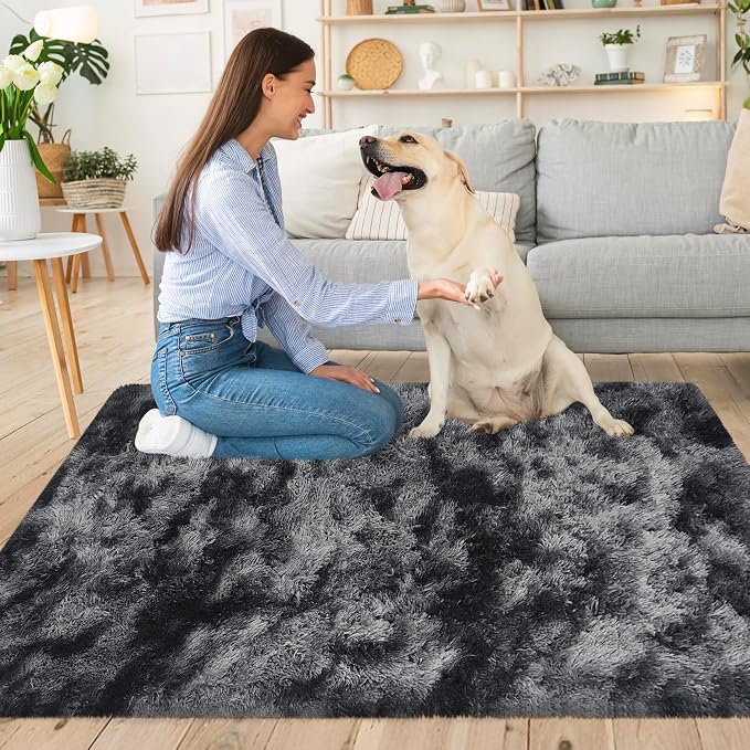 Small Tie-Dyed Area Rug for Bedroom 3x5 Mini Black Grey Fluffy Rug Mat Bedside - Image 2