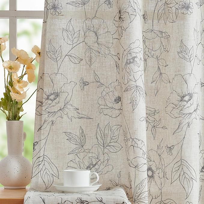 jinchan Floral Linen Curtains for Living Room 63 Inch Length Grey Flower by JINCHAN