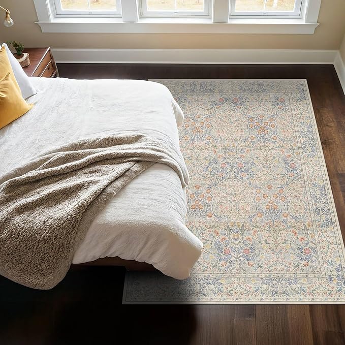 Washable Beige Blue 5x8 Area Rug - Image 6