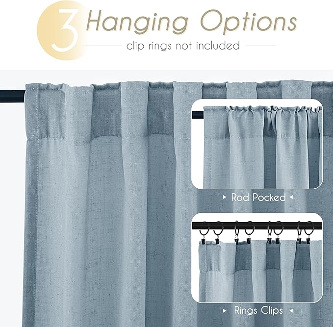 Dusty Blue Linen Curtains for Living Room Back Tab Light Filtering Semi Sheer - Image 2