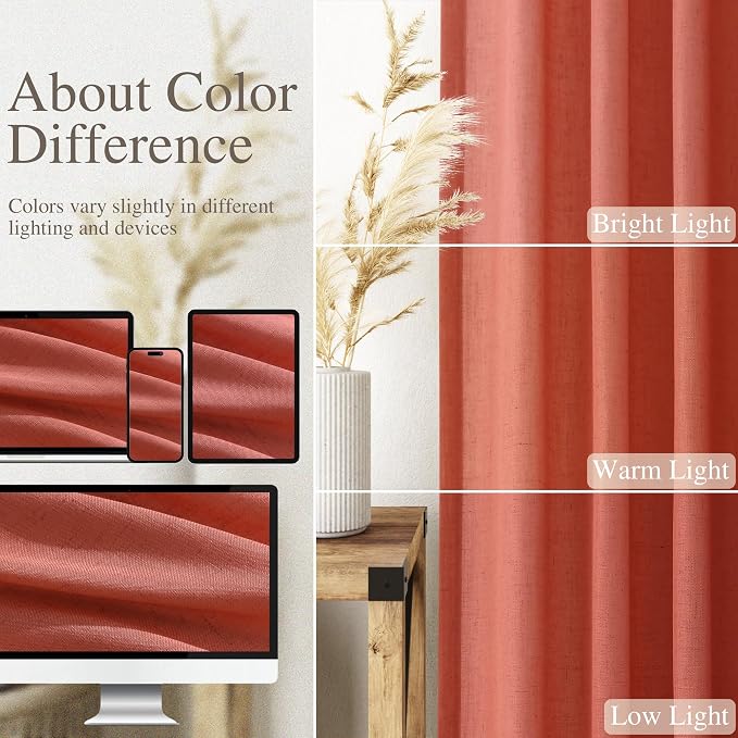 Coral Linen 96 Inch Length Curtains Panels 2 Panel Set Back Tab Rod Pocket - Image 3