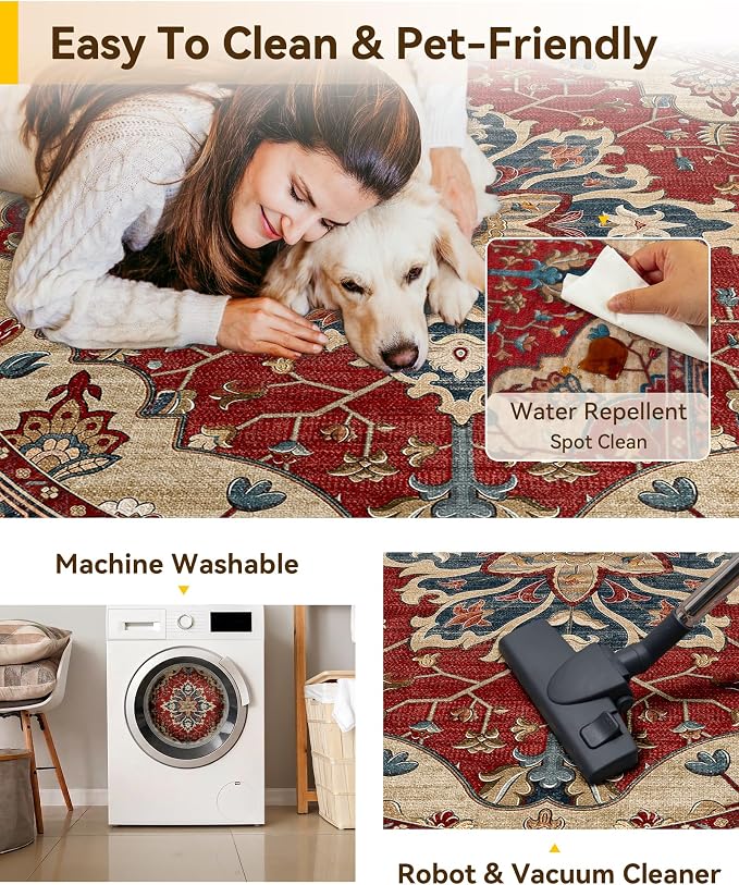 RELEANY Washable Area Rug, Round 6ft, Water Repellent, Pet Friendly, Vintage - Image 5