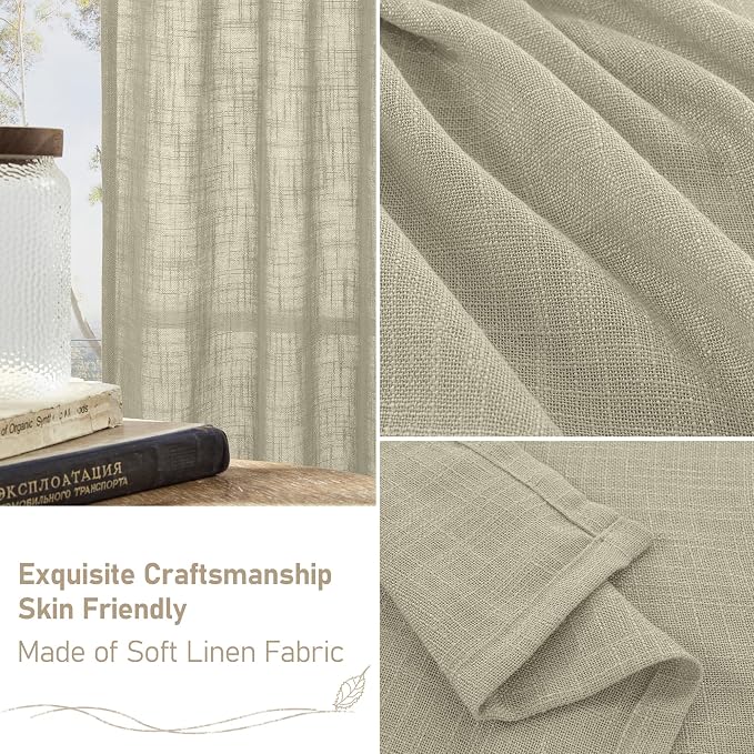 Oatmeal Semi Sheer Window Linen Curtains 63 Inch Length 2 Panels | Light - Image 6