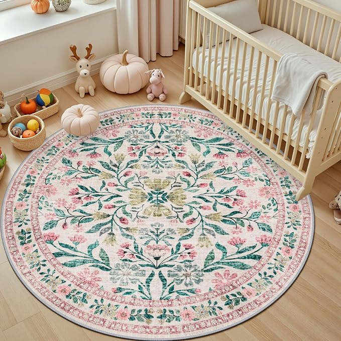 Round Area Rug for Living Room: 6 ft Floral Washable Circle Rug Soft Boho - Image 5