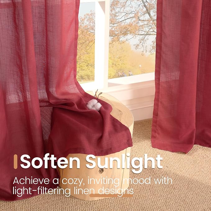BGment Burgundy Linen Kitchen Curtains 40 Inch Length, Short Semi Sheer Drapes - Image 3