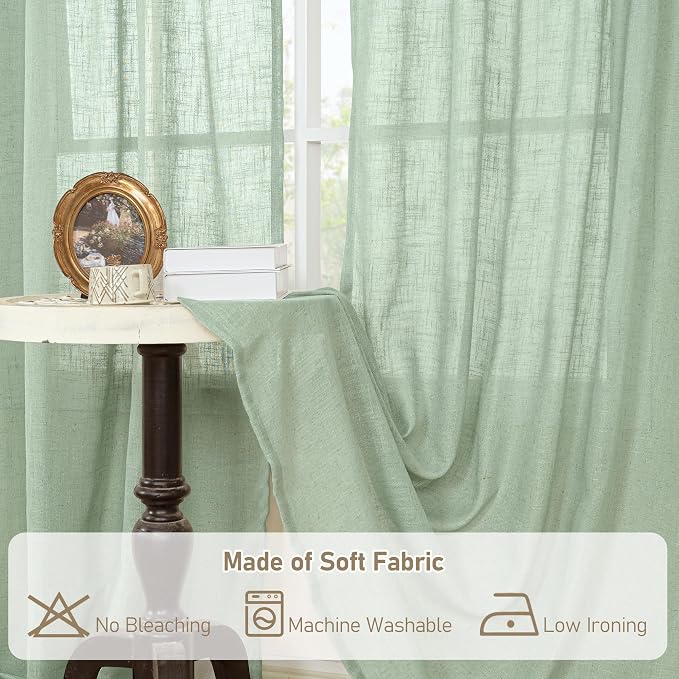 LAMIT Fresh Green Linen Boho Curtains 68 inch Length 2 Panels, Light Filtering - Image 8
