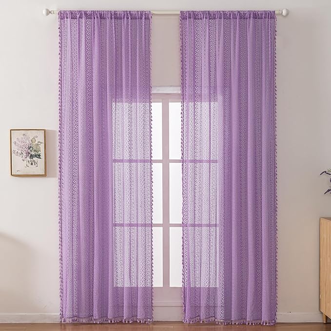 WAZZIO Boho Lace Curtains 84 Inches 2 Panel, Light Filtering Privacy Tassel & by WAZZIO