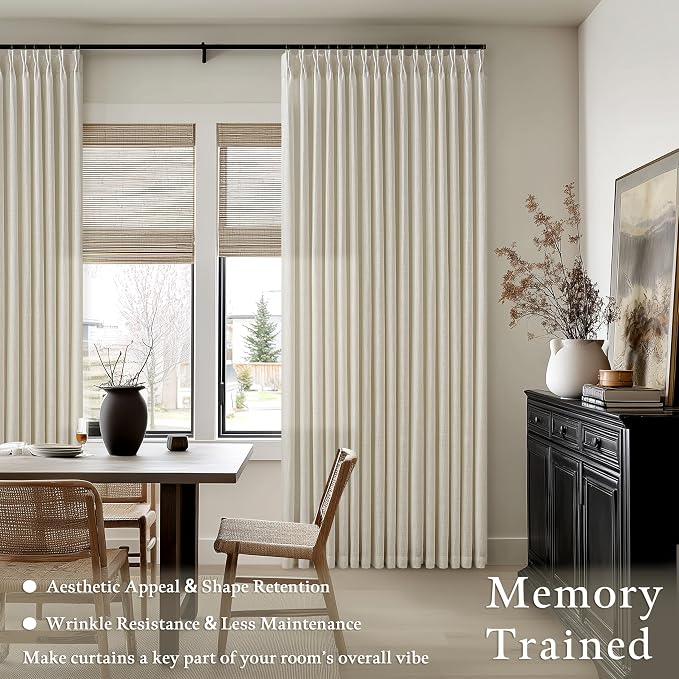 108 Inch Linen Pinch Pleated Light Filtering Curtains Sand Beige 2 Panels | - Image 2