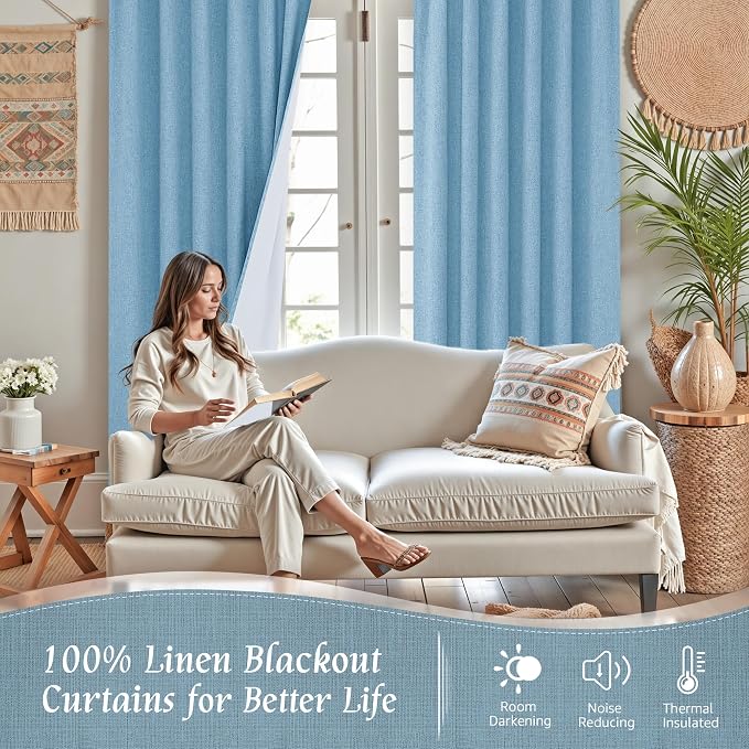Blue 100% Blackout Linen Curtains 84 Inch 2 Panels - Image 2