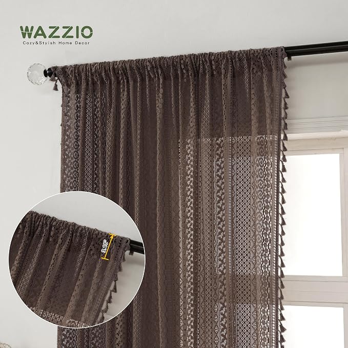 WAZZIO Boho Lace Curtains 84 Inches 2 Panel, Light Filtering Privacy Tassel & - Image 4