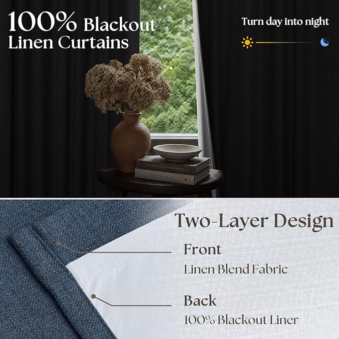 Navy Blue Linen Blackout Pinch Pleated Double Layer Curtains 90 Inches Long | - Image 5