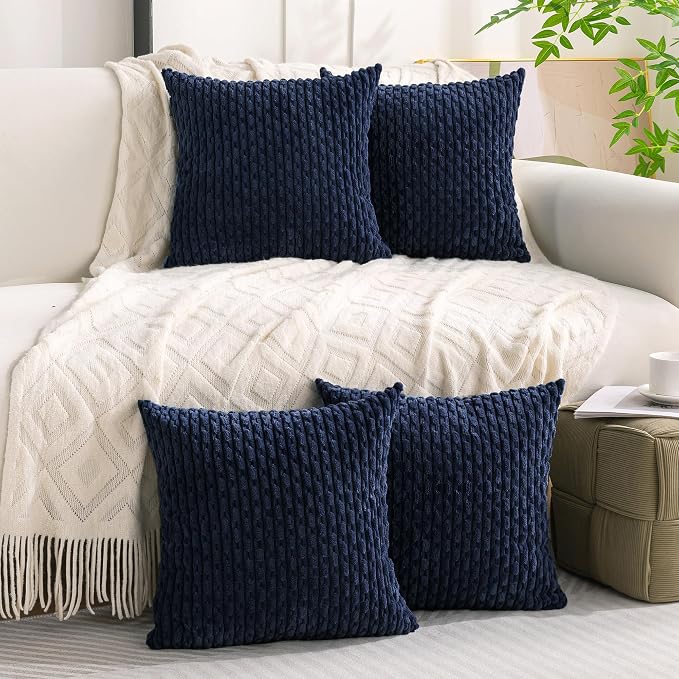 Set of 4 Navy Blue Decorative Throw Pillow Covers 22x22 Inch Corduroy Pillow - Image 6
