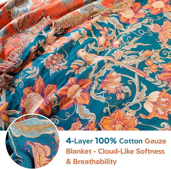 MSGKV Boho Throw Blanket for Couch Chair 100% Cotton Floral Bird Blanket - Image 5