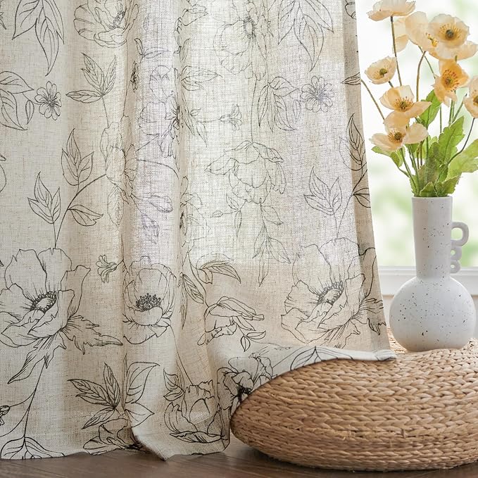 jinchan Floral Linen Curtains for Living Room 63 Inch Length Grey Flower - Image 7