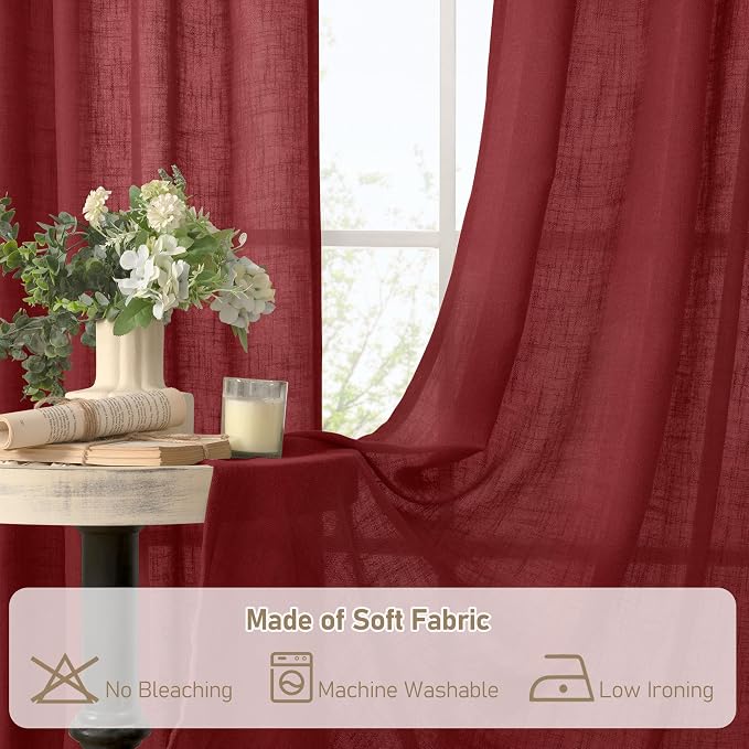 LAMIT Burgundy Red Sheer Linen Curtains 84 inch Length, Light Filtering Semi - Image 9