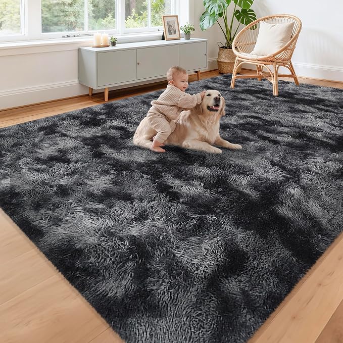 Black Grey Tie-Dyed Rug for Living Room 8x10 Fluffy Area Rug Mat Bedside Throw by JiaoBaba