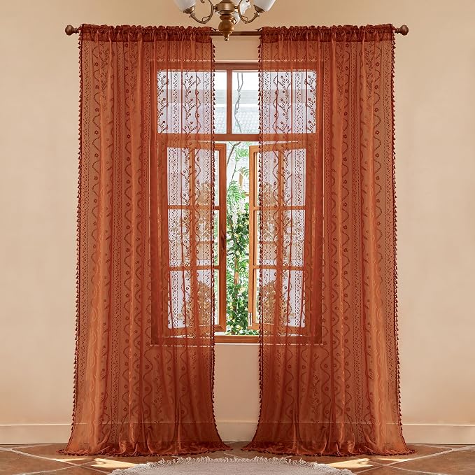 WAZZIO Boho Lace Curtains 108 Inch 2 Panels-Vintage Sheer Panel Drape Floral - Image 2