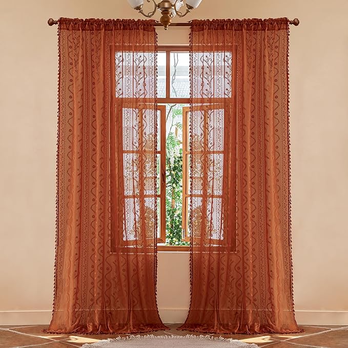 WAZZIO Boho Lace Curtains 105 Inch 2 Panels-Vintage Sheer Panel Drape Floral - Image 3