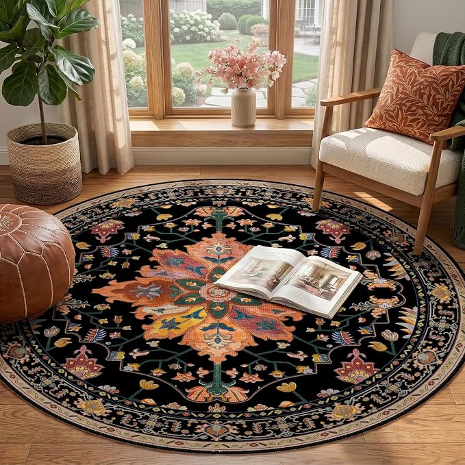 Area Rugs 4ft Washable Non-Slip, Floral Vintage Distress Print Pattern - Image 3