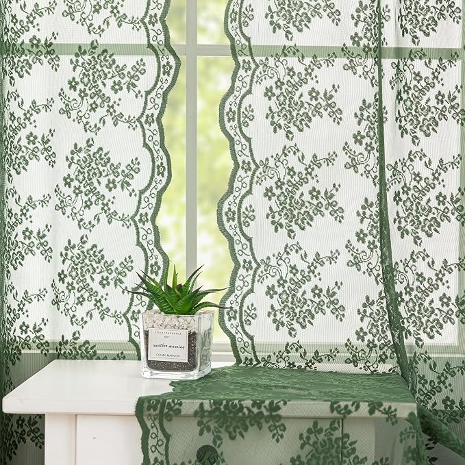 YJ YANJUN Vintage Lace Curtains 63 Inch Length-Victorian Floral Dark Olive - Image 4