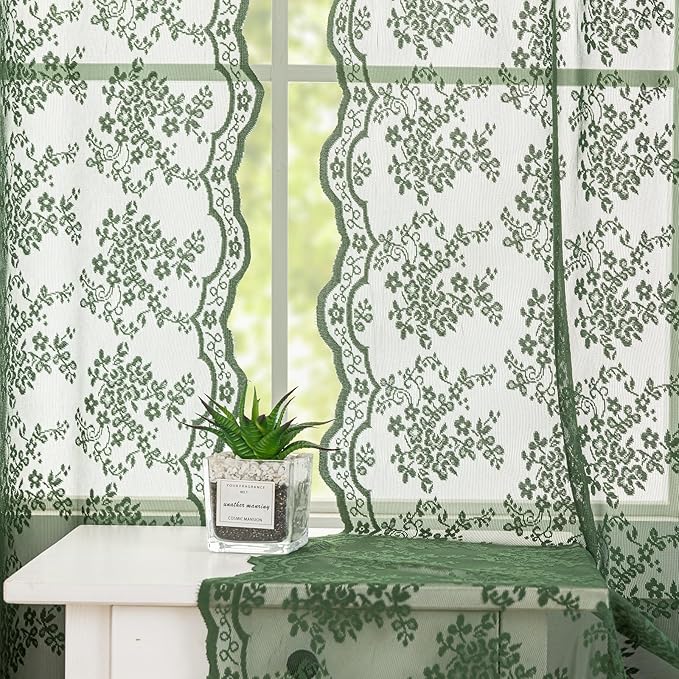 YJ YANJUN Vintage Lace Curtains 96 Inches Long-Victorian Floral Green Sheer - Image 4