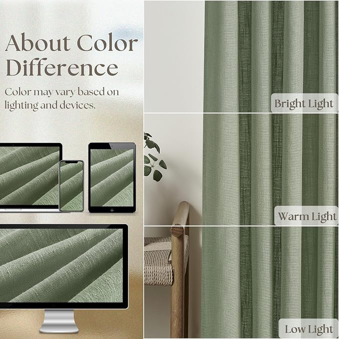 Sage Green Pinch Pleat Semi Sheer Linen Curtains 102 Inches Long 2 Panels | - Image 4
