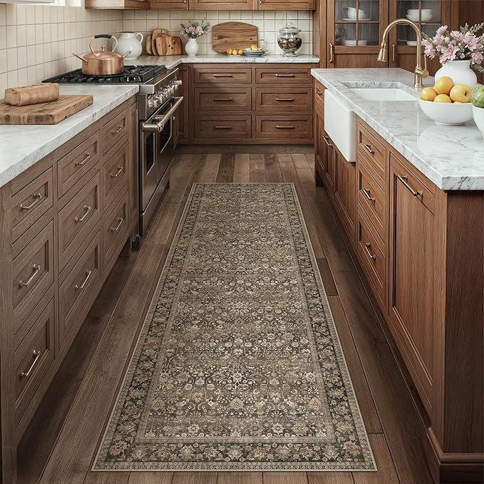 2x8 Brown Vintage Floral Washable Runner Rug - Image 3