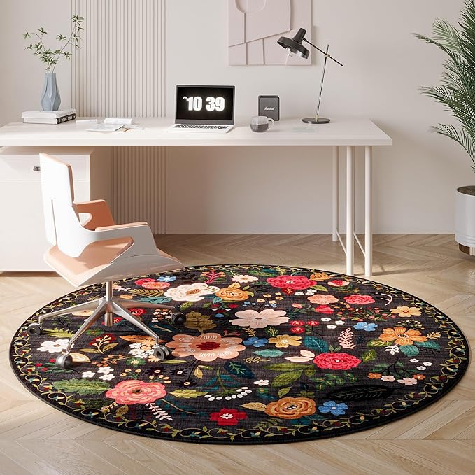 Rugcomf Round Rug 6ft Washable Circle Rug Non Slip Low Pile Boho Floral Small - Image 5