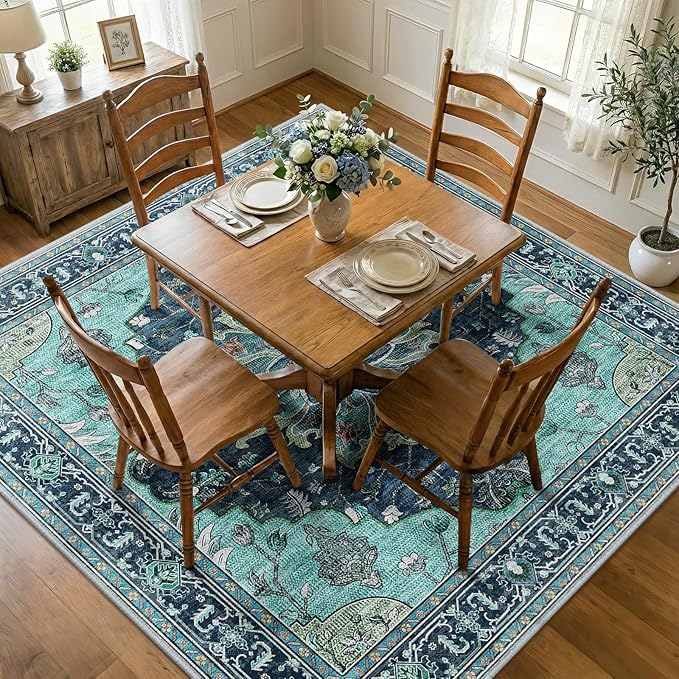RELEANY Area Rugs Square 8ft Washable Non-Slip, Floral Vintage Distress Print - Image 2